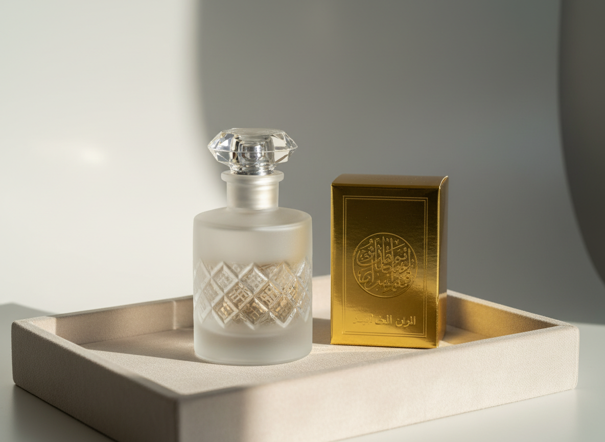 A refined crystal perfume flacon featuring a frosted glass body and a faceted, jewel-like stopper sits centered on an open, muted cream velvet jewelry tray. Next to it rests a slender gold foil box embossed with delicate Arabic calligraphy. The background is minimal – a gentle gradient of off-white and silver, with no distracting elements. Soft natural morning light sweeps across the scene, making the glass subtly glow and casting understated, graceful shadows. The atmosphere is tranquil and exclusive, designed with photographic realism, eye-level symmetry, and crisp focus throughout, perfectly mirroring the ARZEN store’s aura of trust and exquisite taste in Middle Eastern fragrances.