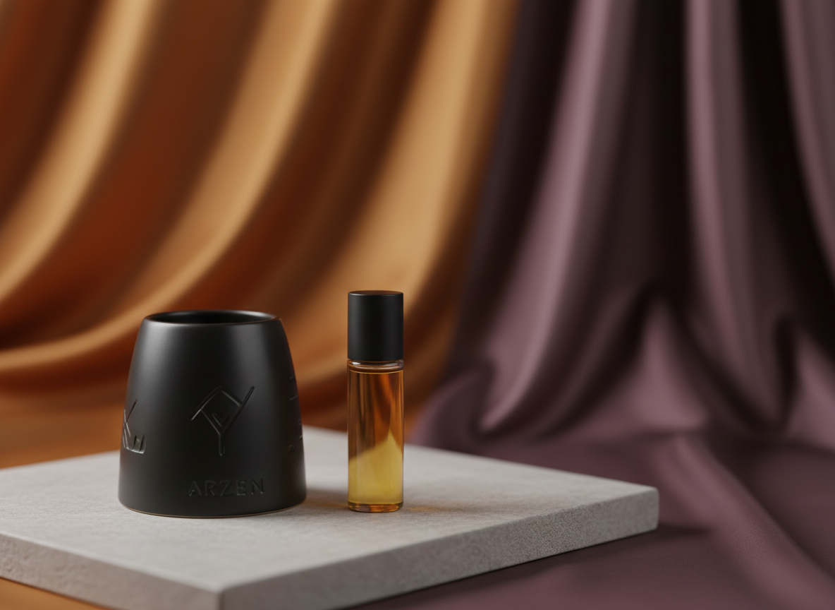 A matte black ceramic incense holder with subtle geometric etching and a minimalist glass vial of golden perfumed oil resting beside it, placed atop a smooth, pale grey stone slab. In the background, out-of-focus burnt orange and deep plum silk drapes evoke Middle Eastern luxury. Overhead, carefully diffused overcast lighting brings out the natural textures and soft gradients across the objects, minimizing harsh shadows for a calm, elegant ambiance. The composition uses asymmetrical balance and shallow depth of field to highlight the refined products, embodying the ARZEN store’s dedication to sophisticated, minimalist presentation in a photographic, contemporary aesthetic.