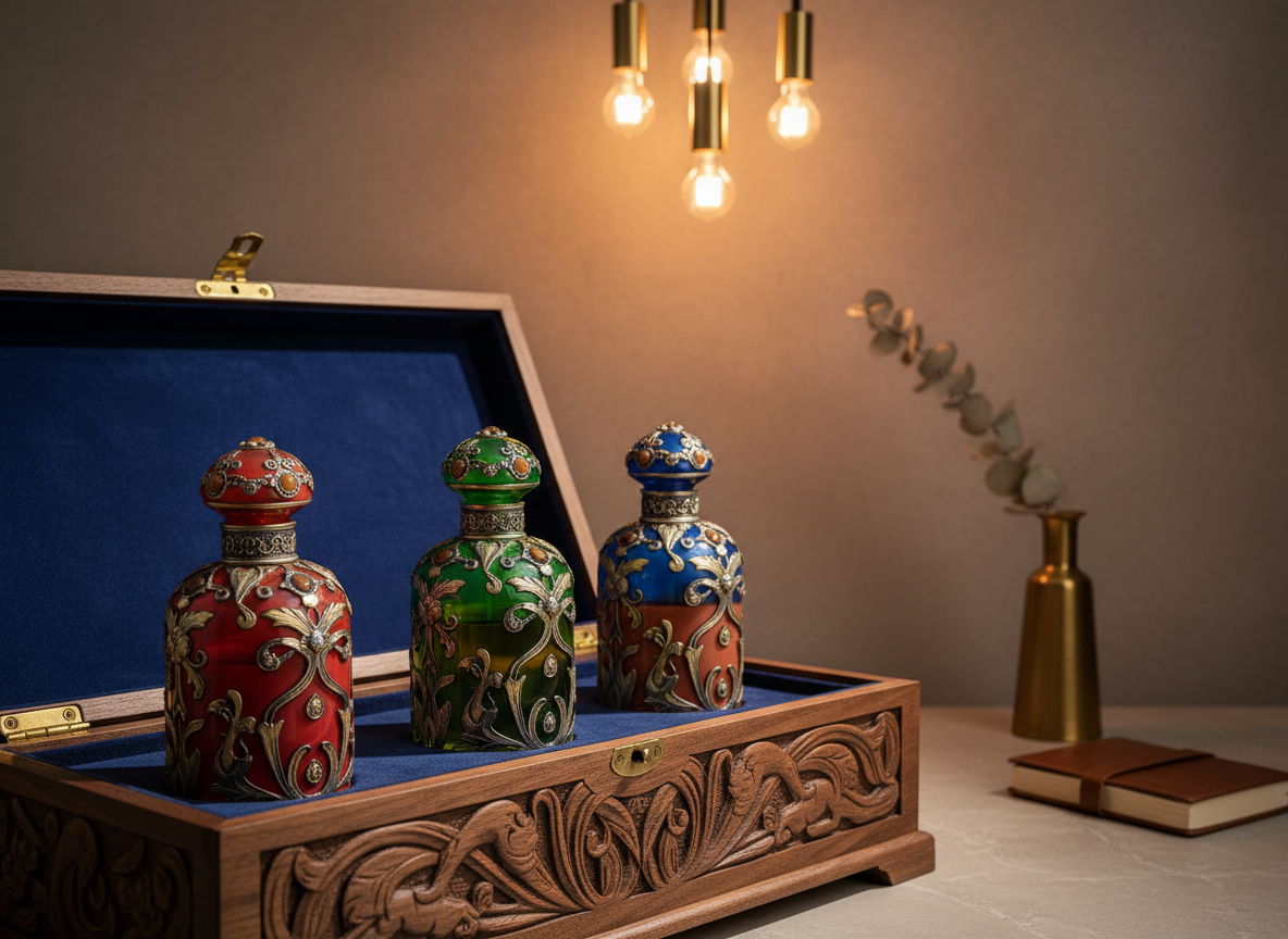 A close-up view of a luxurious, hand-carved wooden display box partially open to reveal several ornate, jewel-toned perfume bottles nestled in velvet. Each bottle's surface is adorned with intricate motifs in muted gold and silver, with the liquid inside showing subtle variations of warm earth tones. The setting features a refined, muted taupe backdrop and minimalist, uncluttered accessories. Gentle ambient pendant lighting overhead creates soft gradients and casts gentle, elegant shadows for a serene, trustworthy mood. The shot is taken at a three-quarter angle with the rule of thirds composition, emphasizing textures and refined details in a photographic, sophisticated style matching the ARZEN store's premium identity.